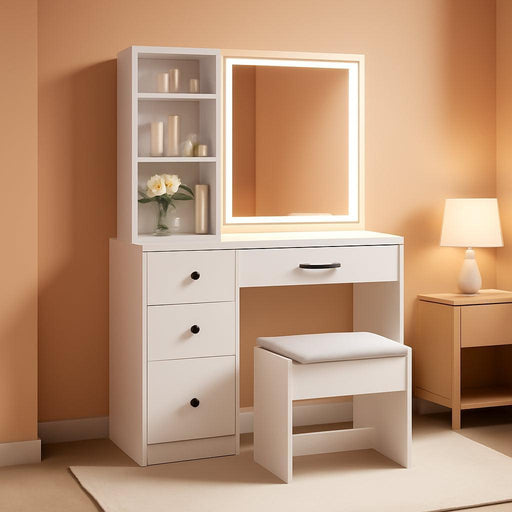 38" Vanity Desk with Lighted Sliding Mirror, Adjustable LED Lighting, Hidden Storage, 4 Drawers & 3 Shelves, Cushioned Stool, Modern Makeup Vanity Dressing Table Set for Bedroom, White