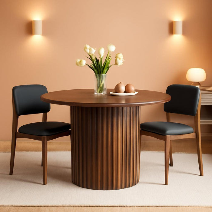 47 Inch round Dining Table for 4-6, Farmhouse Circle Kitchen Table, Mid Century Modern Walnut Dinner Tables with Wood Strip Base for Dining Room, Living Room, Lunch, Rustic