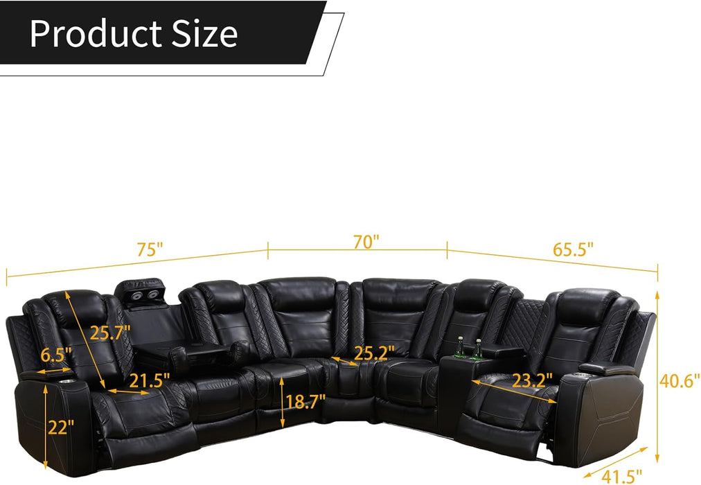 Power Reclining Sectional Sofa for Living Room,Modern L-Shaped Black Air Leather Sectional Couch Set,Recliner Sofa Set,With LED Lights,Cup Holder,Storage,Charging Ports,Home Theater Seat