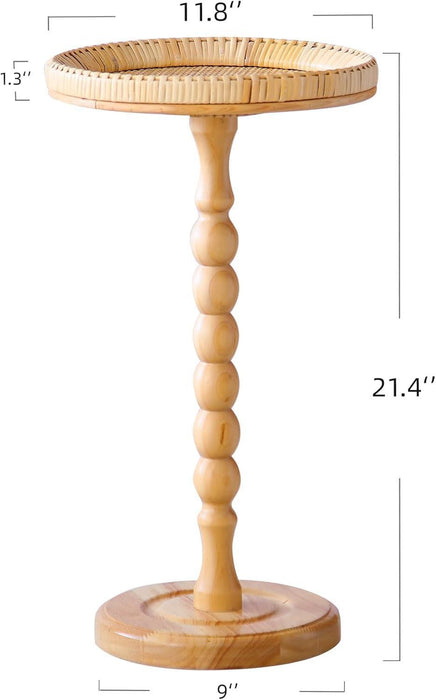 Drink Table，Rattan round Small Side Table for Small Spaces, Boho Circle End Table Coffee Table with Solid Wood Leg for Living Room, Pedestal Table for Bedroom, Corners