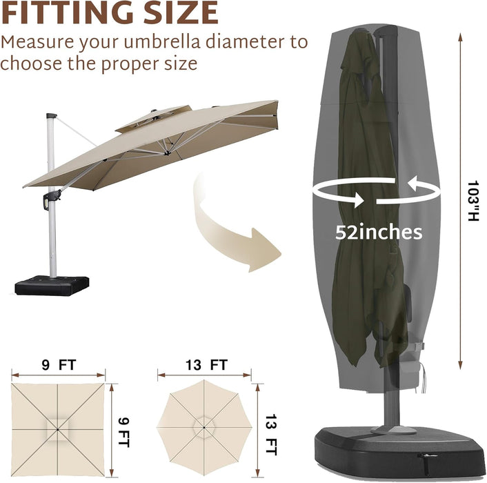 Outdoor Patio Umbrella Cover Fits 9, 10, 11, 12, 13 Feet Offset Umbrella, Cantilevers Offset Umbrella or Large Market Umbrella, 600D Waterproof and Weatherproof with Zippers and Rod