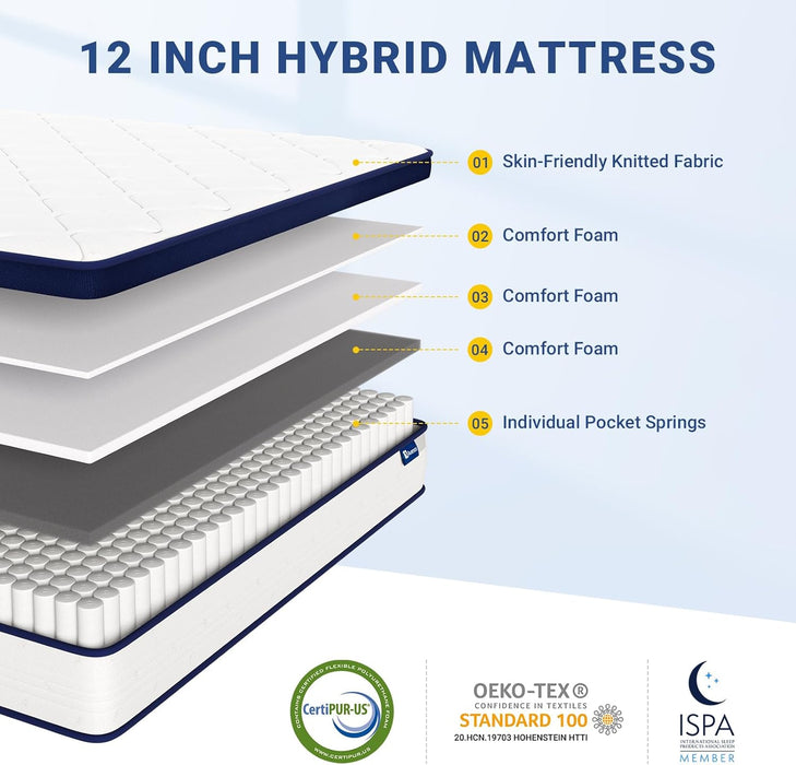 Queen Size Mattress, 12 Inch Queen Mattresses in a Box, Hybrid Spring Mattresses with Comfort Foam and Pocket Coils for Pressure Relief & Motion Isolation