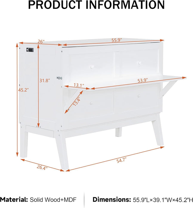 Full Size Murphy Bed, Bed with USB Port and Removable Shelves on Each Side,White