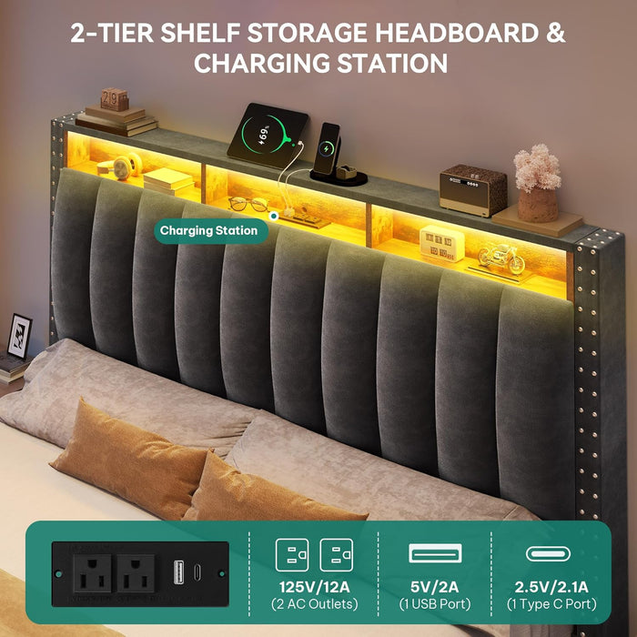 Queen Size Bed Frame with 4 Storage Drawers and RGB LED Lights, Velvet Upholstered Platform Bed with Charging Station and Bookcase Storage Headboard, No Box Spring Needed, Easy Assembly, Grey