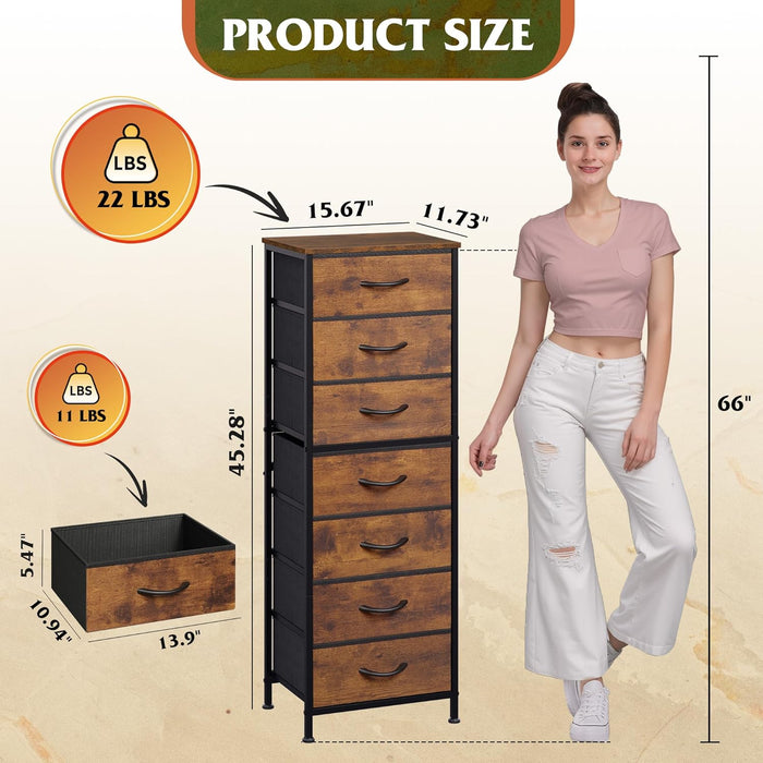 Tall Dresser for Bedroom, 7 Drawer Dressers & Chests of Drawers, Fabric Dresser for Closet, Night Stand with Metal Frame, Storage Tower with Fabric Bins, Wood Top, Rustic Brown Wood Grain Print