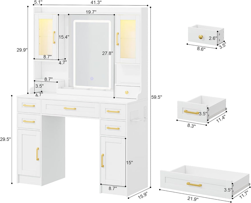 Large Vanity Desk with Mirror and Lights - 7 Drawers & 4 Cabinets Extra Storage Capacity, Makeup Vanity Table with 3-Color Adjustable LED for Bedroom (043 No Bench, 42.1 * 15.75 * 57.7In)