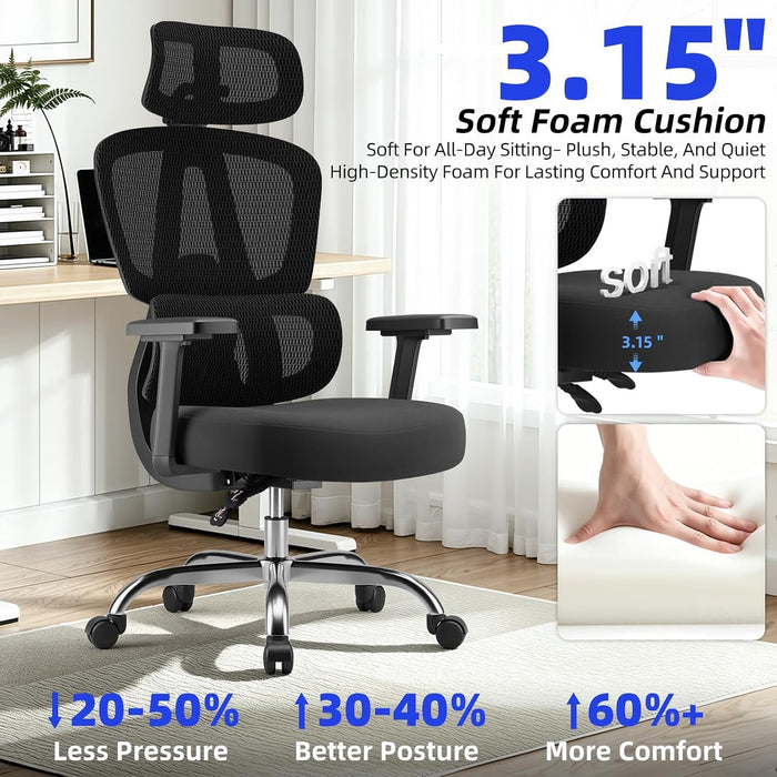 Office Chair Ergonomic Desk Chair Breathable Mesh Chair with Lumbar Support & Headrest, Black Office Chair 330 Lbs Home Computer Chair Thickened Cushion, Tilt Lock