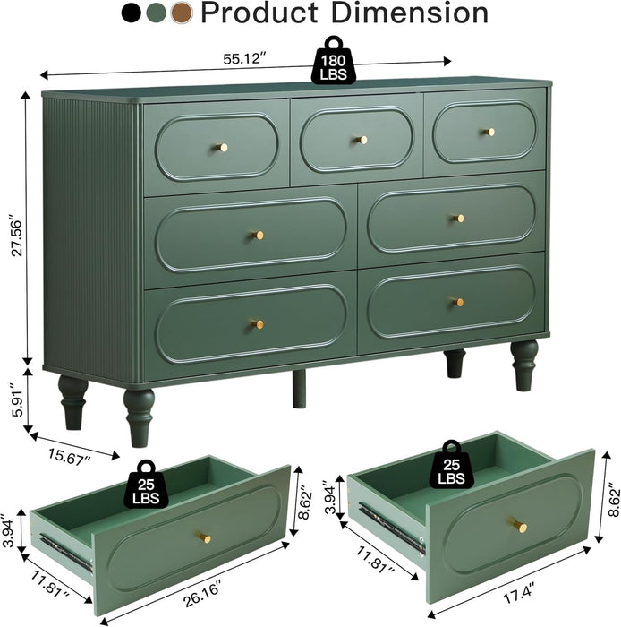 Fluted 7 Drawer Dresser for Bedroom, Modern Mid Century Chest of Drawers, Wood Storage Large Dresser Organizer for Bedroom Living Room Closet Hallway, Green