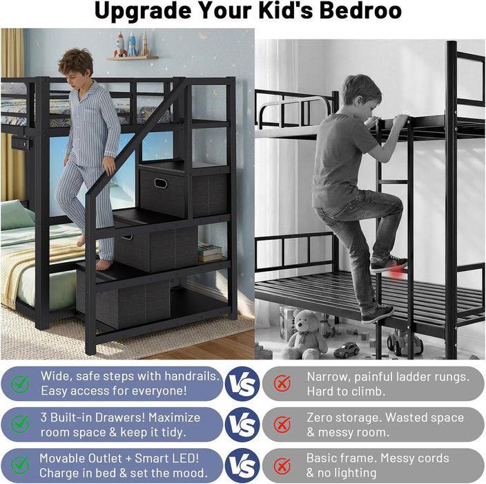 Black Twin Over Twin Metal Bunk Bed StorageDrawers