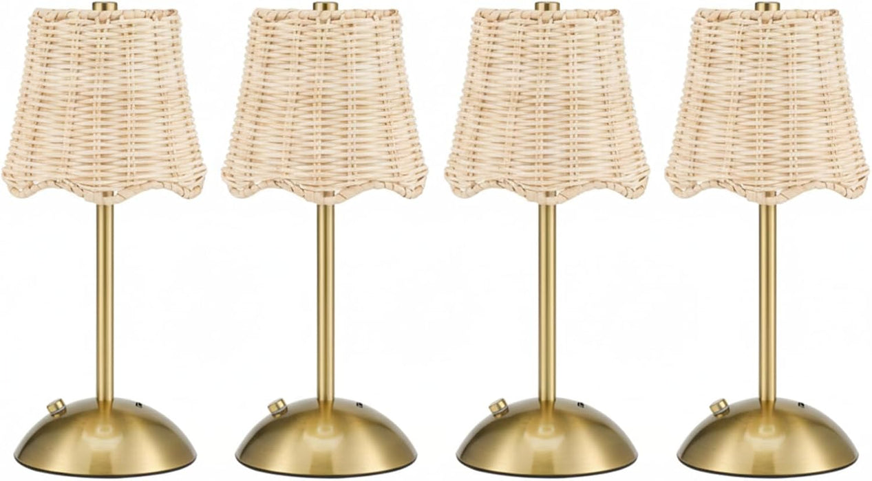 12 Inch Rattan Cordless Table Lamp, without Bow, Gold, 4 Pack