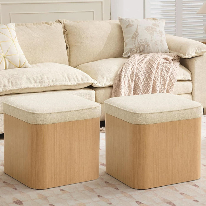 Square Ottoman with Storage, Small Pouf Ottoman Cube Vanity Stool, Upholstered Foot Rest for Reading Room/Lounge, Modern Boho Storage Footstools Coffee Table for Living Room Couch, Beige