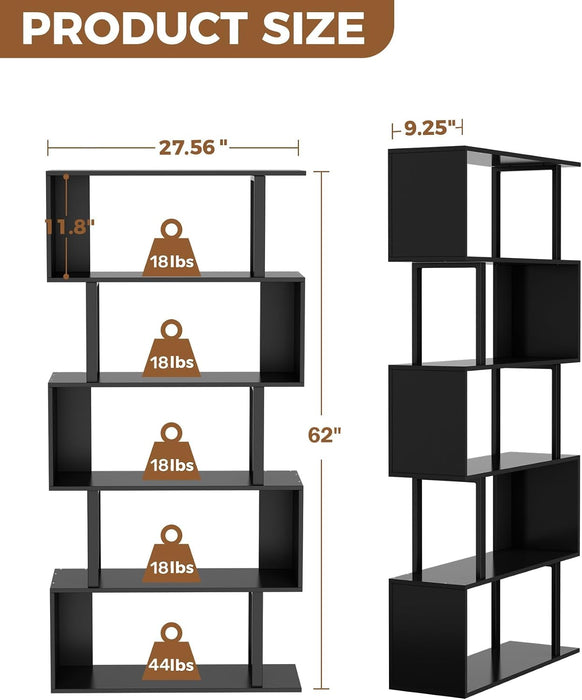 5-Tier Tall Bookshelf, S-Shaped Book Shelf Unit, Black