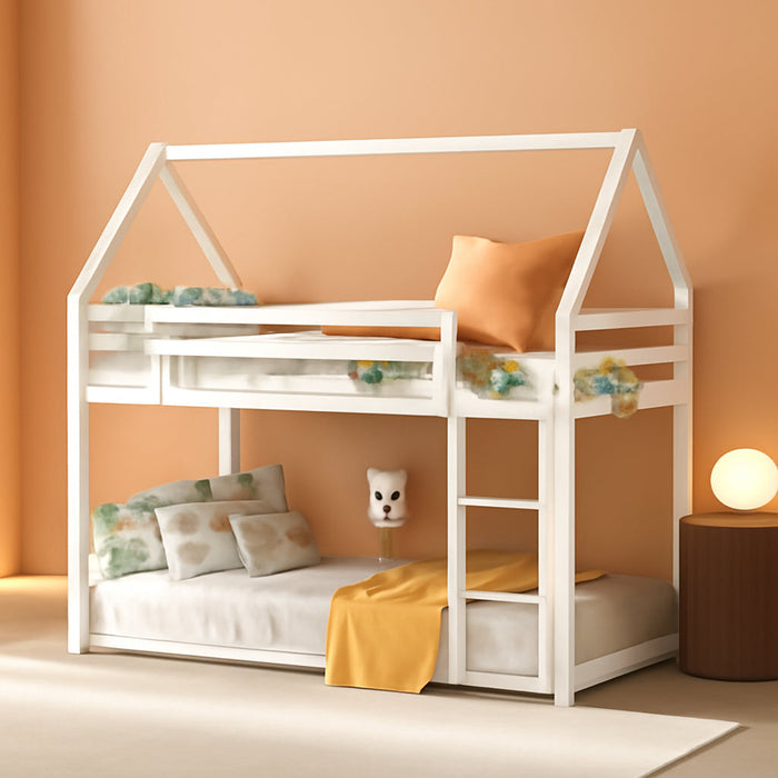 Bunk Bed Twin over Twin Metal Floor Bunk Bed with Ladder, House Shaped Bunk Bed Frame with Metal Slats for Dormitory and Bedroom, Space Saving, No Box Spring Needed