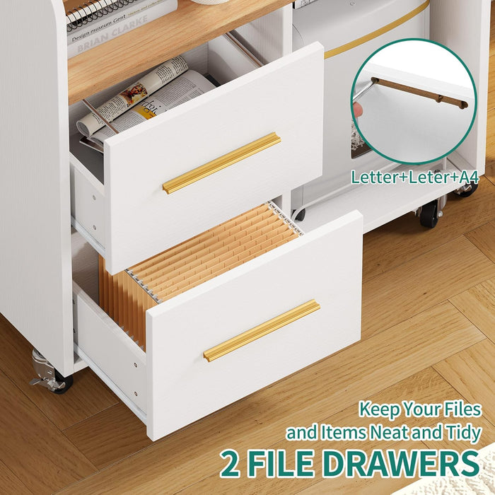 File Cabinet with Charging Station, 2 Drawer Lateral Filing Cabinet, Printer Stand with Open Storage Shelf for Home Office, White
