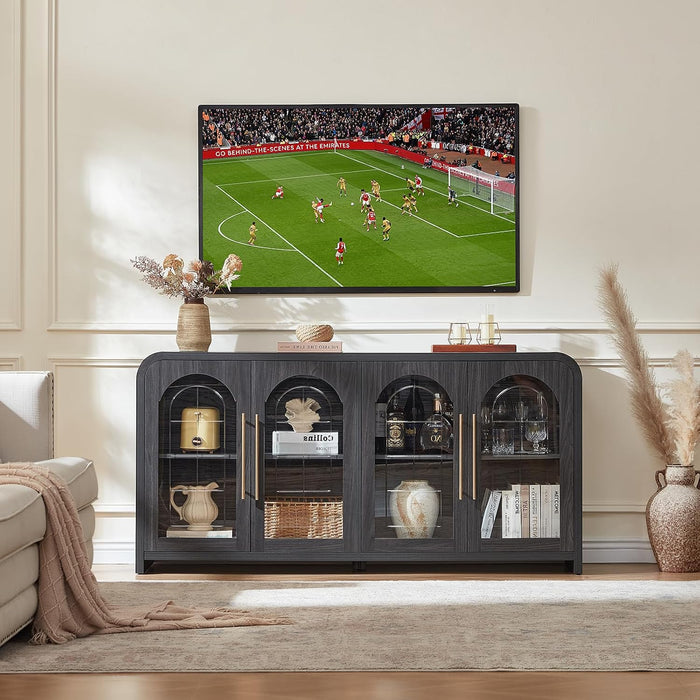 65" Sideboard Buffet Cabinet with Arched Glass Doors, Dark Gray | Modern Wood Sideboard, Spacious Storage Credenza, Adjustable Shelves, Living Room Accent Cabinet, Dining Room & Entryway Use