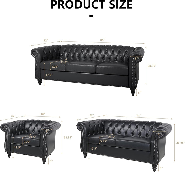 3 Pieces of Living Room Furniture Sofa Sets, Modern Faux Leather Chesterfield Sofa&Chesterfield Club Chair&Chesterfield Loveseat Sofas Set with Nailhead Trim Scroll Arms for Living Room(Black)