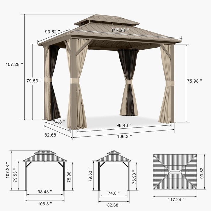 8' X 10' Hardtop Gazebo, Champagne Outdoor Aluminum Gazebo with Galvanized Steel Double Roof, Curtains and Netting for Patio Lawn and Garden