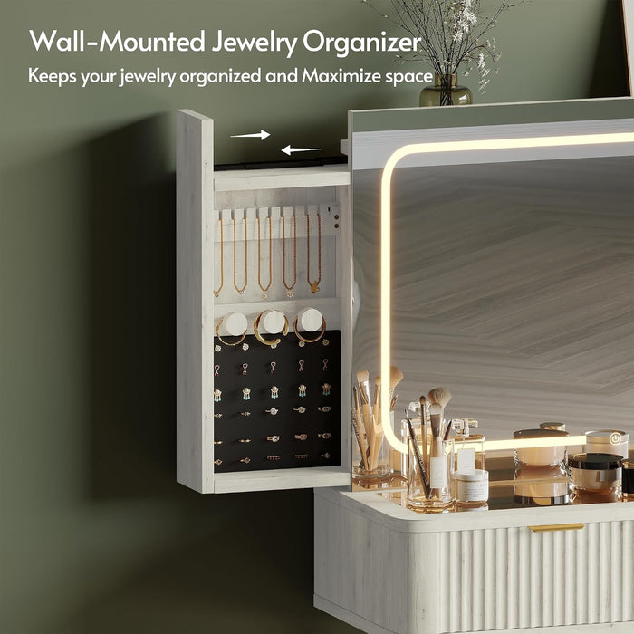 Wood Vanity with Clear Glass Top, 48" Makeup Vanity Desk with Large Mirror and Lights, Fluted Wooden Vanity Wall-Mounted Jewelry Storage for Bedroom,White Oak