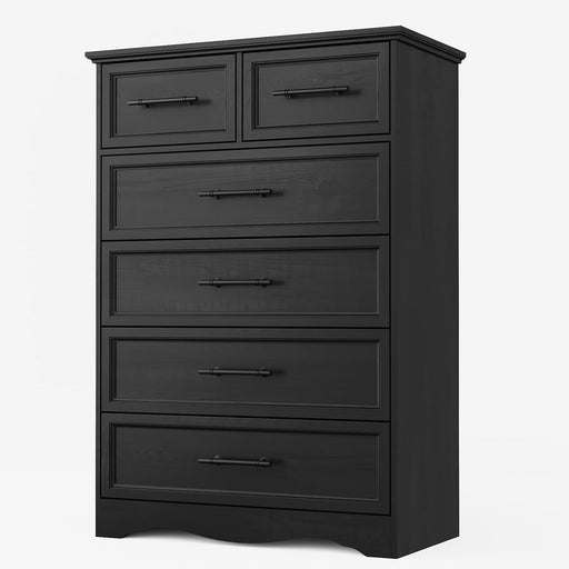 Black Farmhouse Dresser for Bedroom, Modern 6 Chest of Drawers, 44" Tall Chest of Drawers W/Brushed Metal Handle, Wood Closet Organizers and Storage Cabinet for Bedroom, Living Room, Hallway