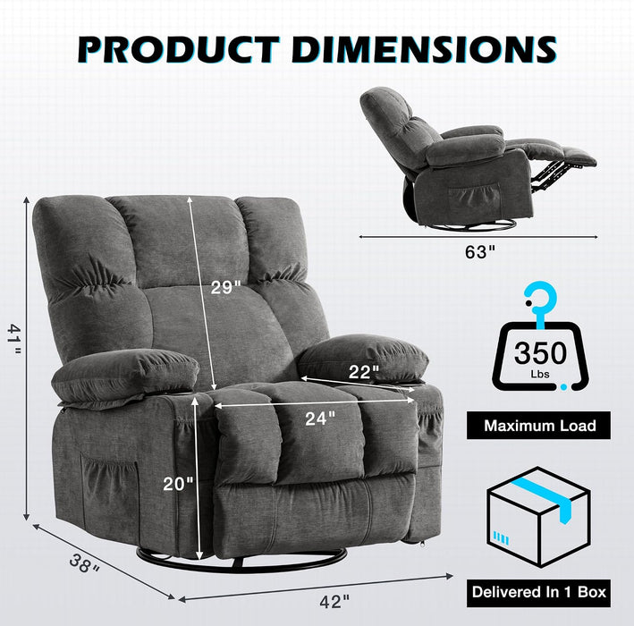 Oversized Recliner Chair with Massage and Heat, 360° Swivel Rocker