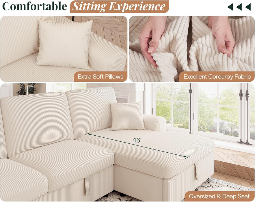 130Inch Beige Upholstered Sleeper Sofa With Storage