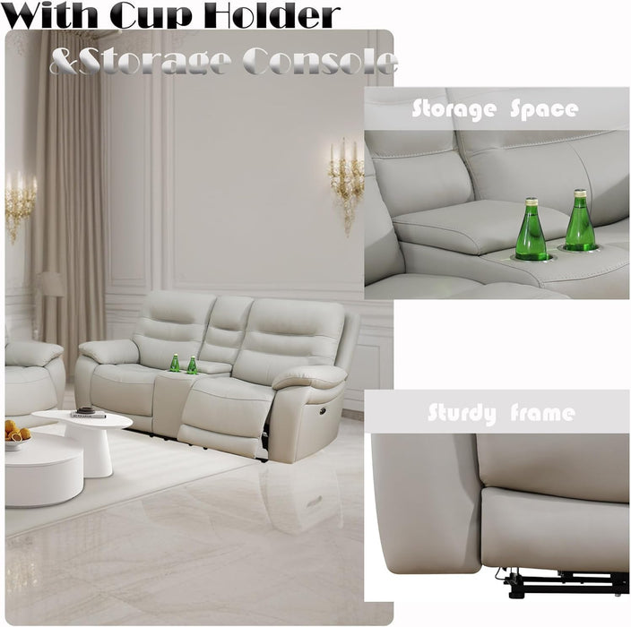Genuine Leather Recliner Couch Set, Power Reclining Sofa Set 3 Pieces Top Grain Leather Sofa with Built in USB Port for Living Room(Light Grey) (Sofa+Loveseat+Chair)