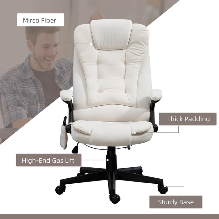 6 Point Vibrating Massage Office Chair with Heat, Velvet High Back Executive Office Chair with Reclining Backrest, Padded Armrests and Remote, Cream White