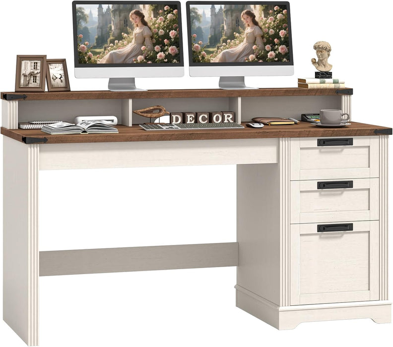 55" Farmhouse Executive Desk with 3 Drawers, Wooden Computer Desk with Keyboard Tray, Home Office Desk with File Drawer (Fits A4 Size) for Work and Study, White and Brown