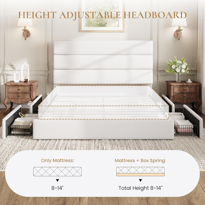 Full Size Platform Bed Frame with 4 Storage Drawers, Velvet Upholstered Headboard, Mattress Foundation with Wooden Slats Support, No Box Spring Needed, Easy Assembly, White