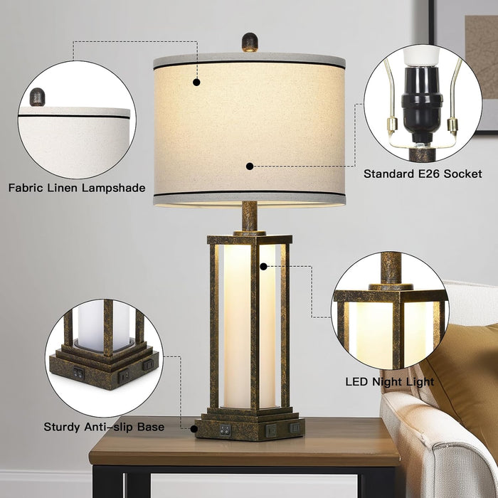 27Inch Tall Bedside Table Lamps with Charging Ports for Living Room,Traditional Lamp with Night Light for Bedroom Nightstand,Single Bronze