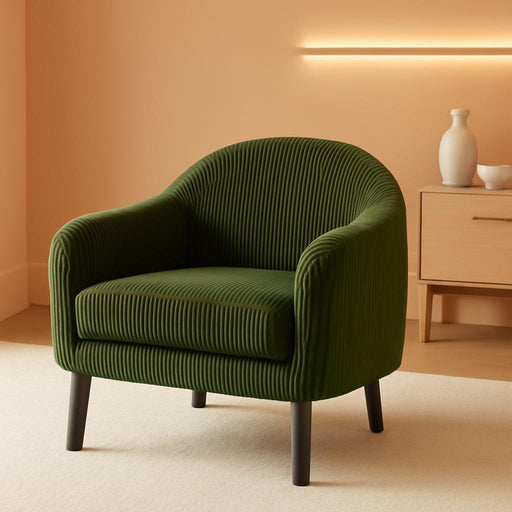 30.3" Wide Modern Barrel Accent Armchair with Track Armrest, Solid Wooden Legs, Comfy Upholstered Club Chair,Round Single Home Sofa for Living Room, Bedroom, Reading Room, Corduroy Green