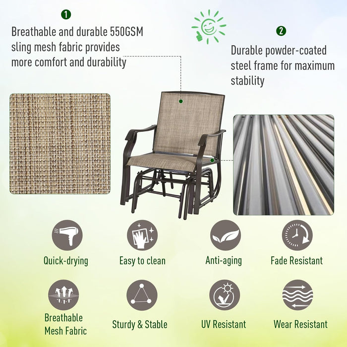 3 Piece Outdoor Glider Chair with Coffee Table Bistro Set, 2 Patio Rocking Swing Chairs with Breathable Sling Fabric, Glass Tabletop, for Backyard, Garden and Porch, Mixed Brown