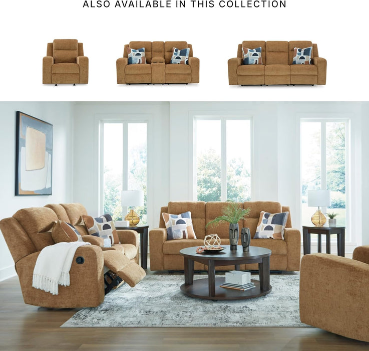 Kanlow Contemporary Manual Reclining Sofa with 2 Accent Pillows, Light Brown