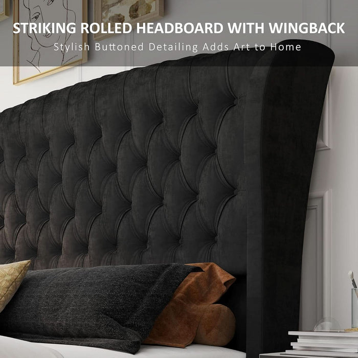 Queen Size Platform Bed Frame, Velvet Upholstered Sleigh Bed with Scroll Wingback Headboard Footboard/Button Tufted/No Box Spring Required/Easy Assembly/Black
