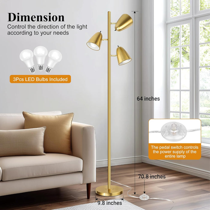 Tree Floor Lamp with 3 Light Bulbs, Standing Tall Pole Lamps for Living Room Bedroom Office, Reading Stand up Lamps with 3 Adjustable Arms, Brushed Gold