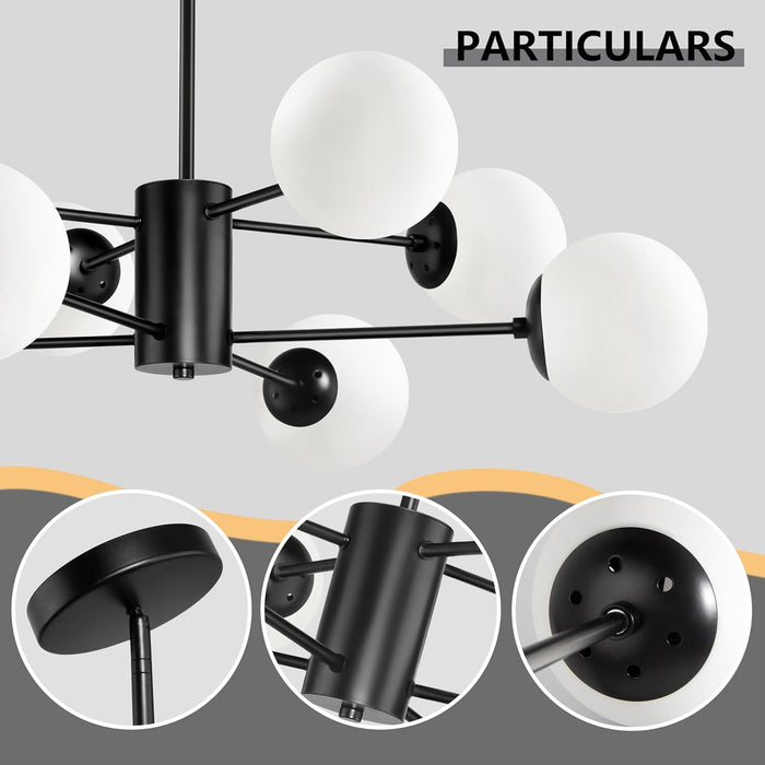 8-Light Globe Sputnik Chandelier Black Mid Century Modern Light Fixture Matte Black Finished with White Frosted Globe Glass Lampshade Sputnik Chandeliers for Dining Room Bedroom Kitchen Island