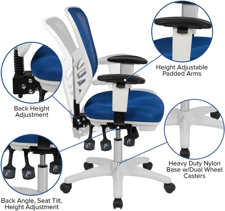 Nicholas Mid-Back Blue Mesh Multifunction Executive Swivel Ergonomic Office Chair with Adjustable Arms and White Frame