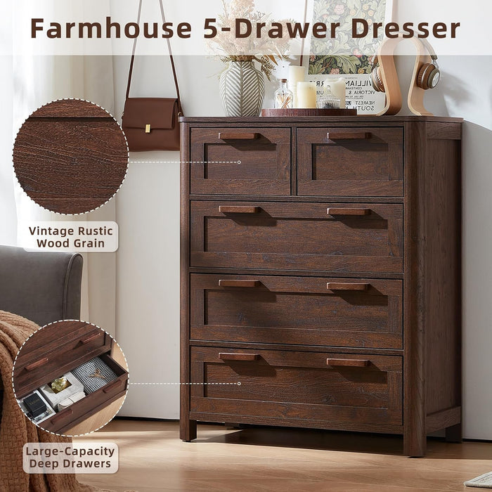 Farmhouse 5 Drawer Dressers for Bedroom, Walnut
