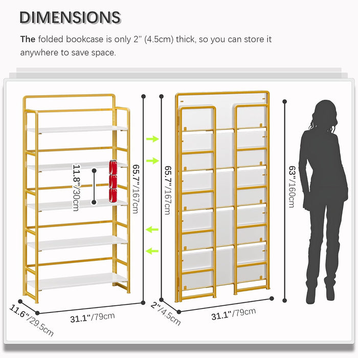 No Assembly Extra Wide 5 Tier Folding Bookshelf Tall Storage Shelves Vintage Bookcase Standing Racks for Bedroom Living Room Home Office
