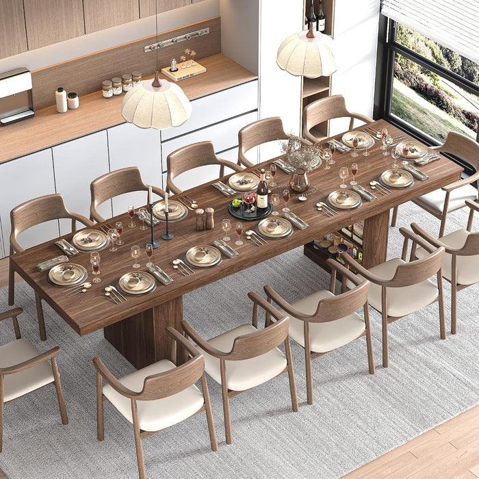 72-110 in Rectangular Extra Large Extendable Dining Table W/Storage for 6 10 12 People,Modern Farmhouse Long Wooden Kitchen Tables,Mid-Century,Double Pedestal Base for Kitchen, Dinner, Meeting,Walnut
