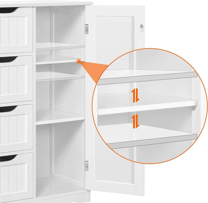 Wooden Floor Cabinet, Side Storage Organizer with 4 Drawers and 1 Cupboard, Freestanding Entryway Storage Unit Console Table, Bathroom Furniture Home Decor, White