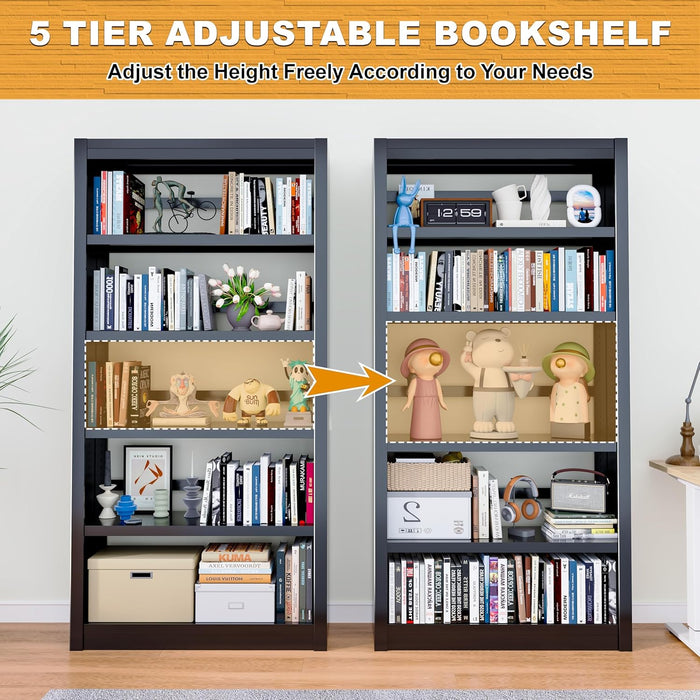 69 Inches Black MetalBookshelf With Adjustable Shelves