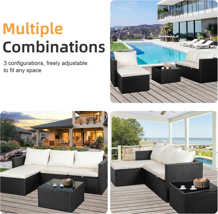 4 Pieces Patio Furniture Set, 2-In-1 Convertible Sectional Sofa & Chaise Lounge, All-Weather Wicker Rattan Sofa Couch with Cushions & Coffee Table for Yard, Garden, Porch, Poolside (Beige)