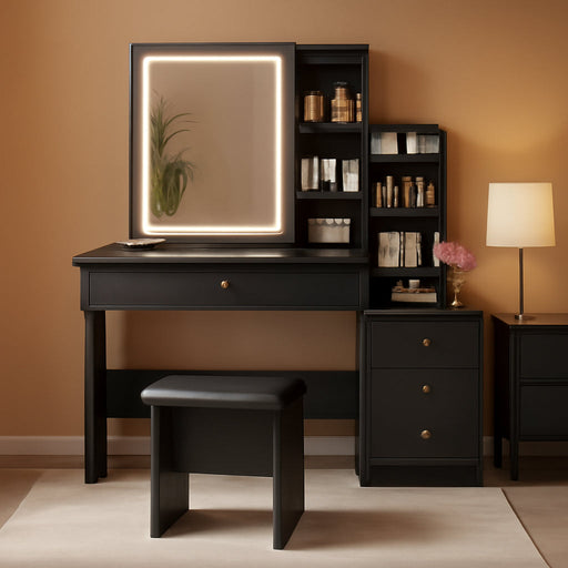 Black Makeup Vanity Desk with Sliding Mirror & 4 Drawers | Smart LED Mirror, 3 Adjustable Lighting Modes, Vanity Chair, 4 Drawers, 7 Shelves, Dressing Table for Women, Girls