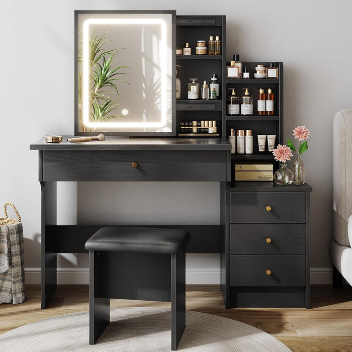 Black Makeup Vanity Desk with Sliding Mirror & 4 Drawers | Smart LED Mirror, 3 Adjustable Lighting Modes, Vanity Chair, 4 Drawers, 7 Shelves, Dressing Table for Women, Girls