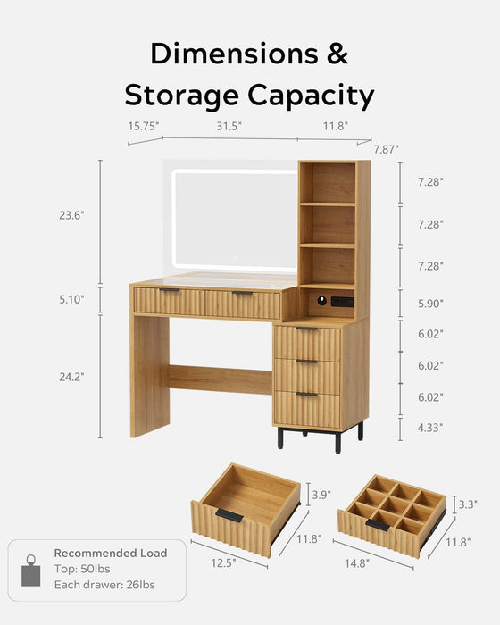 Fluted Makeup Vanity Desk with 31.5" HD Lighted Mirror, Modern Dressing Table with 5 Drawers, Shelves and Glass Top for Bedroom, Natural Oak
