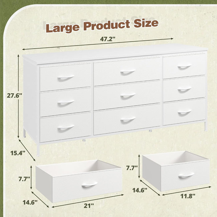 Dresser TV Stand with 9 Drawers for 60'' TV Stand for Bedroom Long Dresser for Bedroom Wide Dressers & Chests of Drawers, Sturdy Metal Frame & Wood Top, Living Room, Closet, White