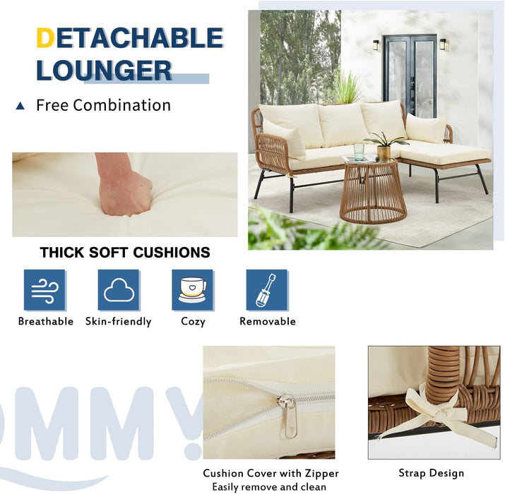 3 Piece Patio Furniture Set, L-Shaped Sectional Conversation Sofa Set with Thick Cushions and Toughened Glass Coffee Table for Backyard Balcony Garden Porch, White