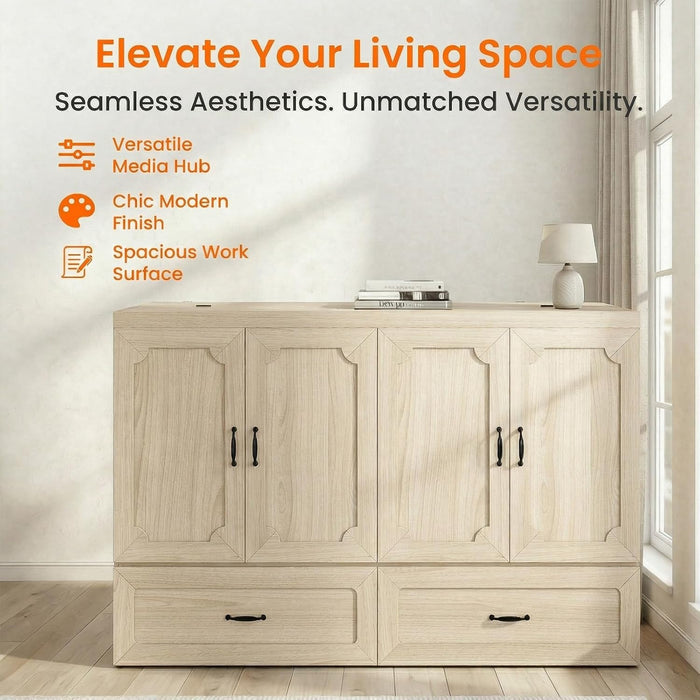 Queen Murphy Bed With Mattress NaturalWood Storage
