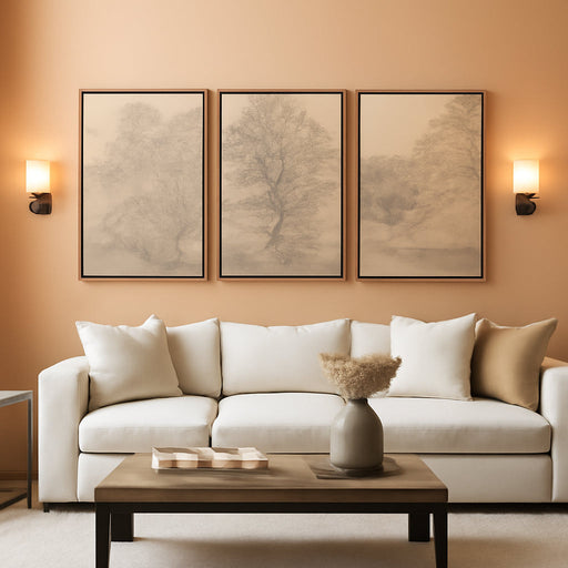 Large Vintage Framed Neutral Landscape Wall Art for Living Rooms, 3 Piece Retro Big Tree Sketch Botanical Forest Antique Canvas Artwork Set, Rustic Nature Wabi Sabi Art Prints for Hallway Home Office 24X36 Inch